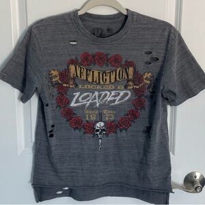 Affliction locked and loaded distressed gray t-Shirt tee skulls 35427
